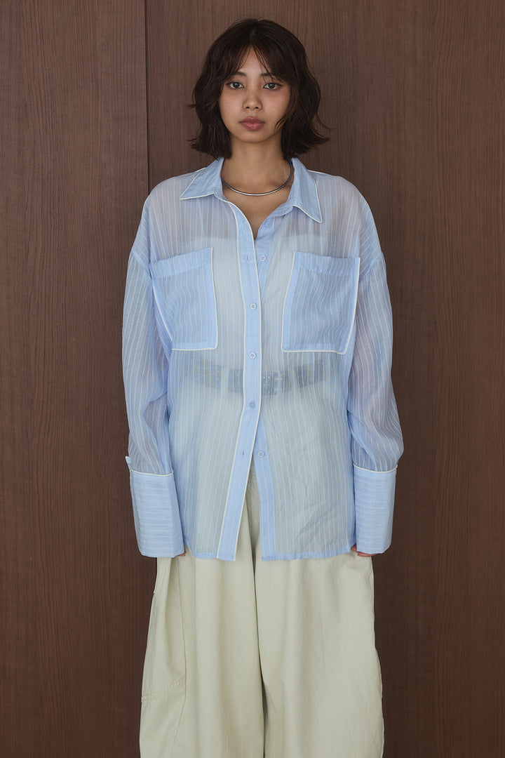 [SET]シアーストライプビックカフスパイピングシャツ+ベルト付きカラーデニムパンツ(2set)