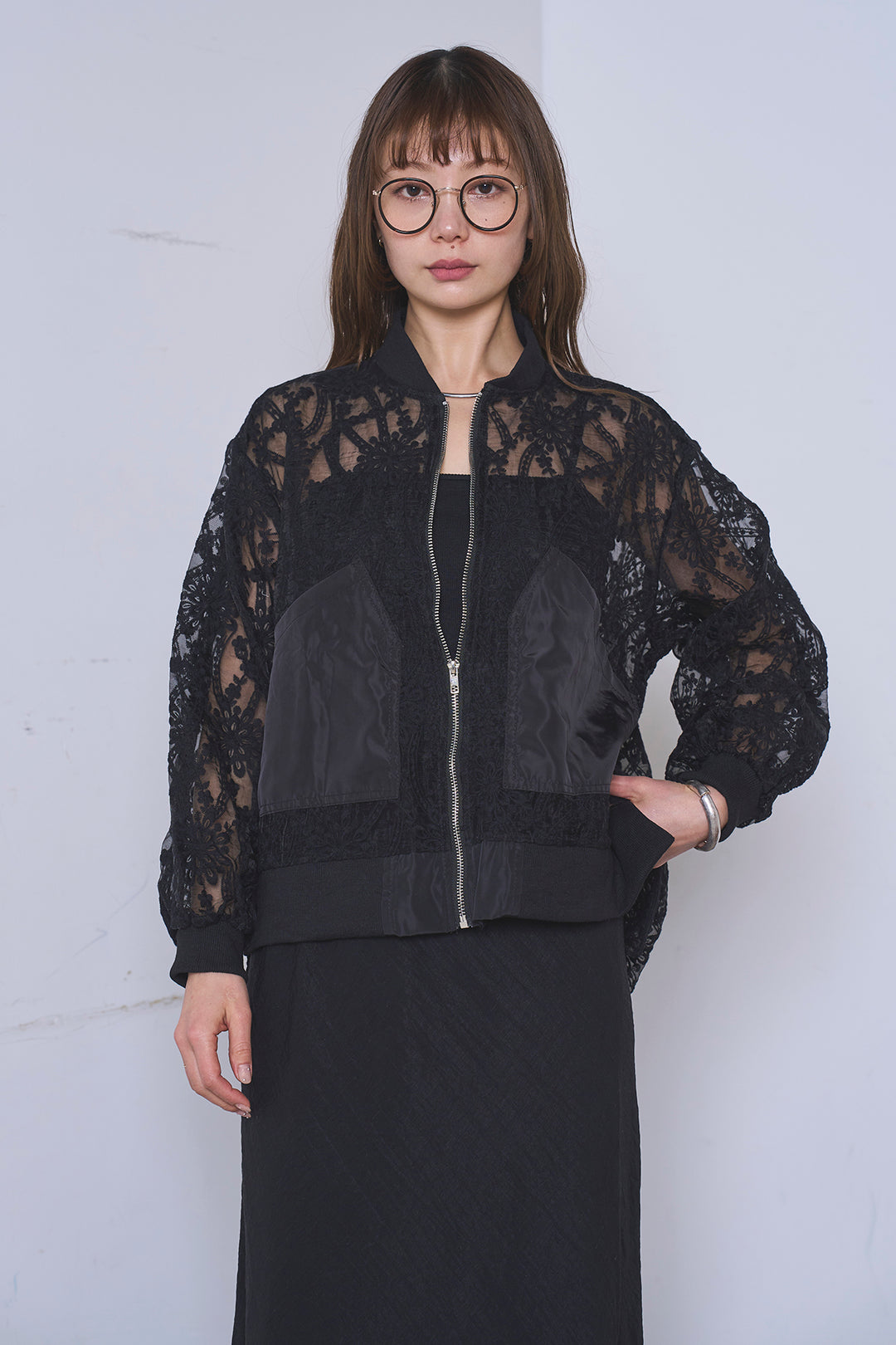 [SET]ノーカラーレースブルゾン+リネンブレンドロングナロースカート(2set)