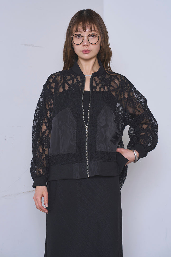 [SET]ノーカラーレースブルゾン+リネンブレンドロングナロースカート(2set)