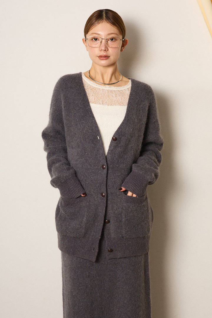 [SET]丸ボタン起毛ニットカーディガン+起毛ニットロングスカート(2set)