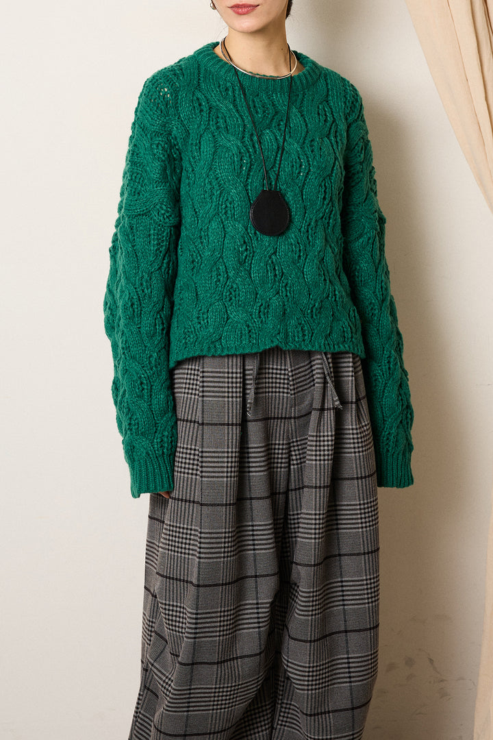 [SET]ケーブルリラックスショートニット+箔プリントBIGシルエットロングスリーブTシャツ+レオパードジャガードニットパンツ(3set)