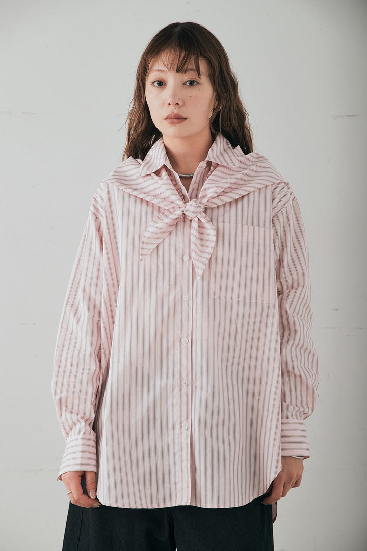 [SET]ランダムストライプスカーフ付きシャツ+デニムサイドフリルパンツ(2set)