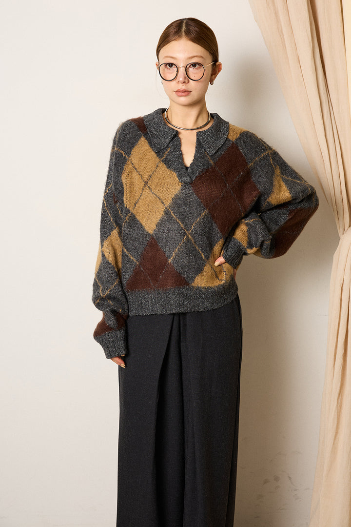 [SET]アクリルモヘアアーガイルキーネックプルオーバー+フロントワイドタックネップ入ワイドパンツ(2set)