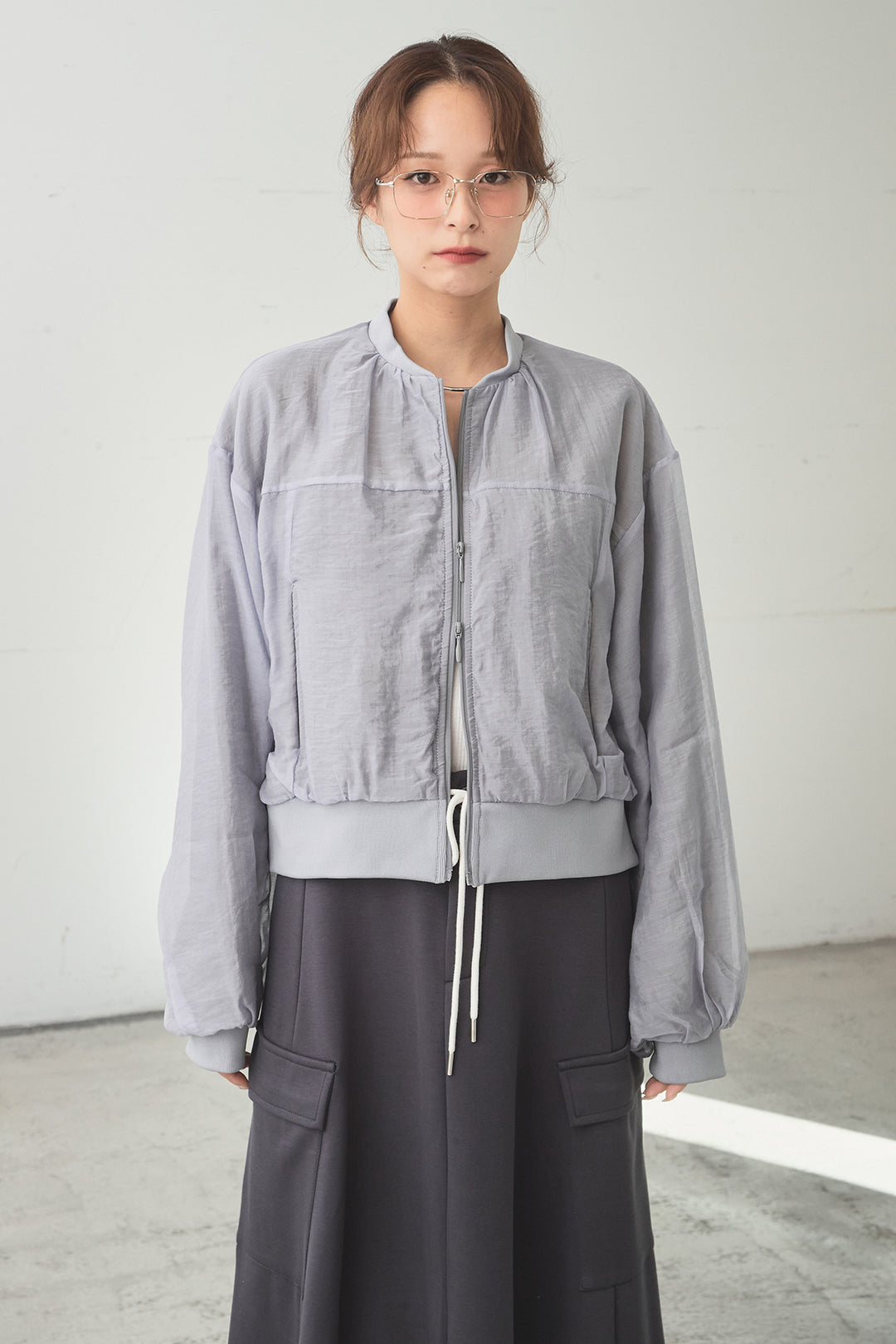 [SET]シアー×ポンチブルゾン+ストライプウエスト巻きジョガーパンツ(2set)