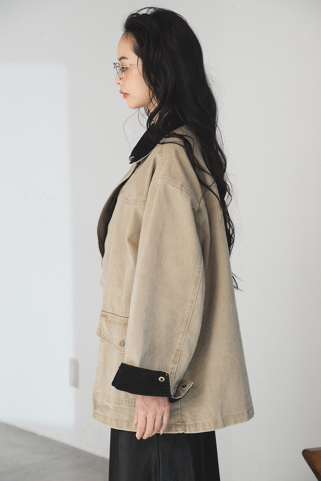 [SET]襟コーデュロイデザインデニム調カバーオール+ひげレース切替ロング丈スカート(2set)