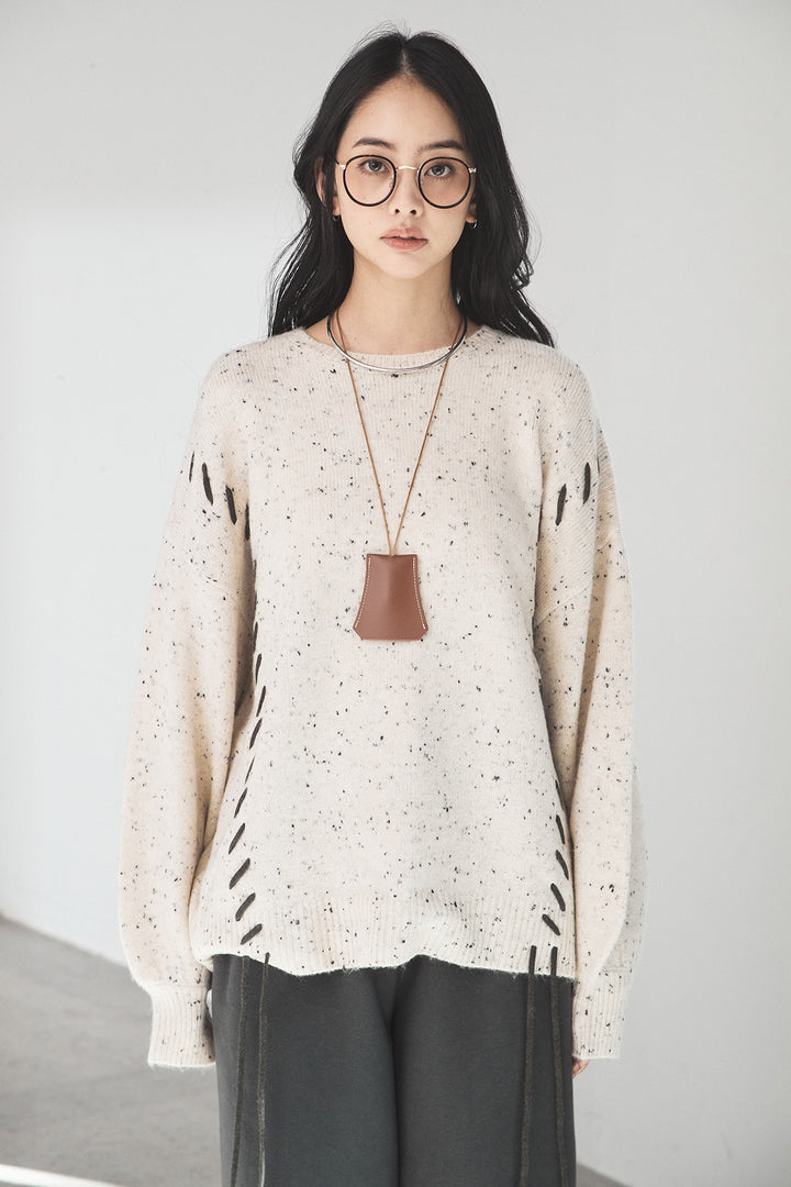 [SET]ネップ編み上げニットトップス+裏起毛スウェットワイドパンツ(2set)