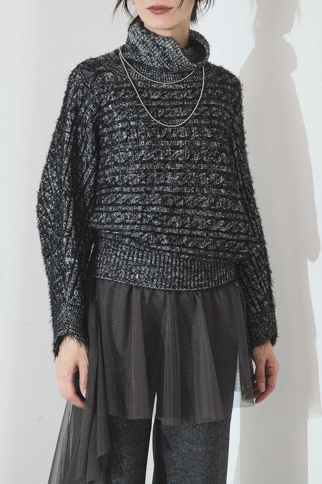 [SET]ミックス編みドルマンニットトップス+チュールレイヤードニットパンツ(2set)