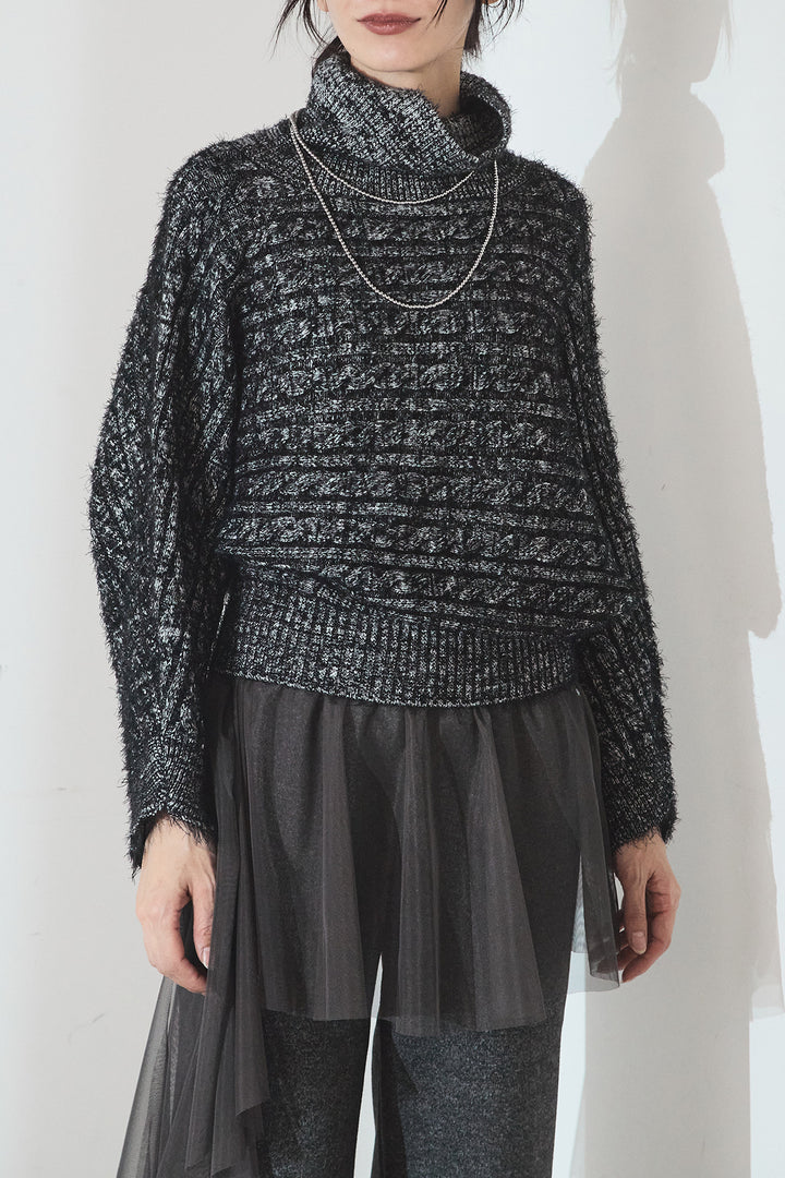 [SET]ミックス編みドルマンニットトップス+チュールレイヤードニットパンツ(2set)