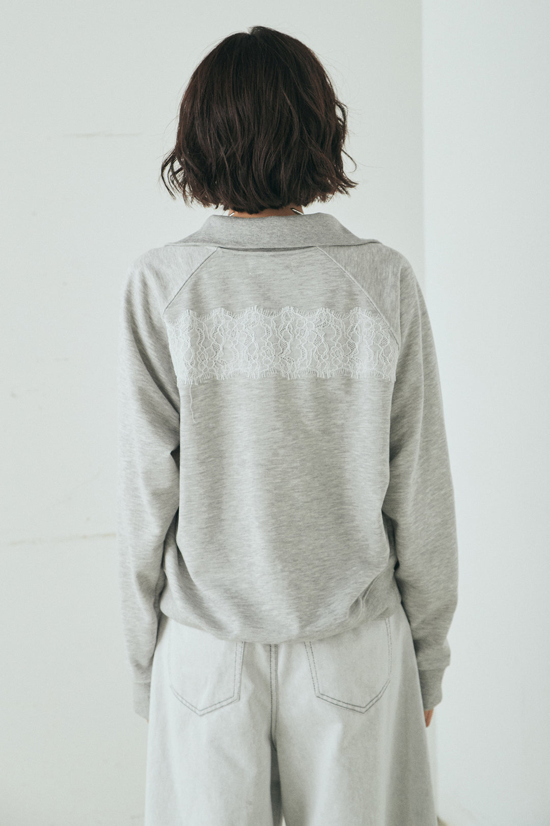 [SET]リバーレースハーフジップ裏毛スウェット+ベルト付きタックデザインハイウエストロングパンツ(2set)