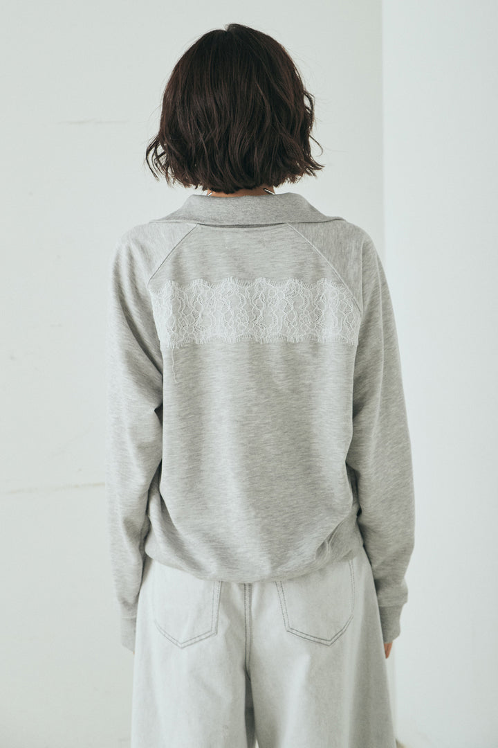 [SET]リバーレースハーフジップ裏毛スウェット+ベルト付きタックデザインハイウエストロングパンツ(2set)