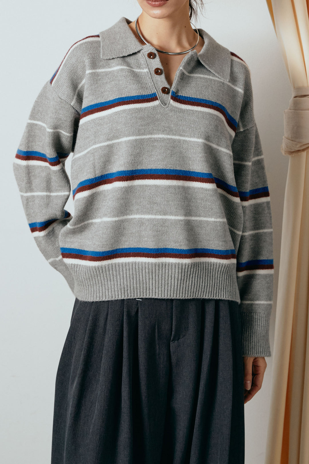 襟付きマルチボーダーニットポロトップス