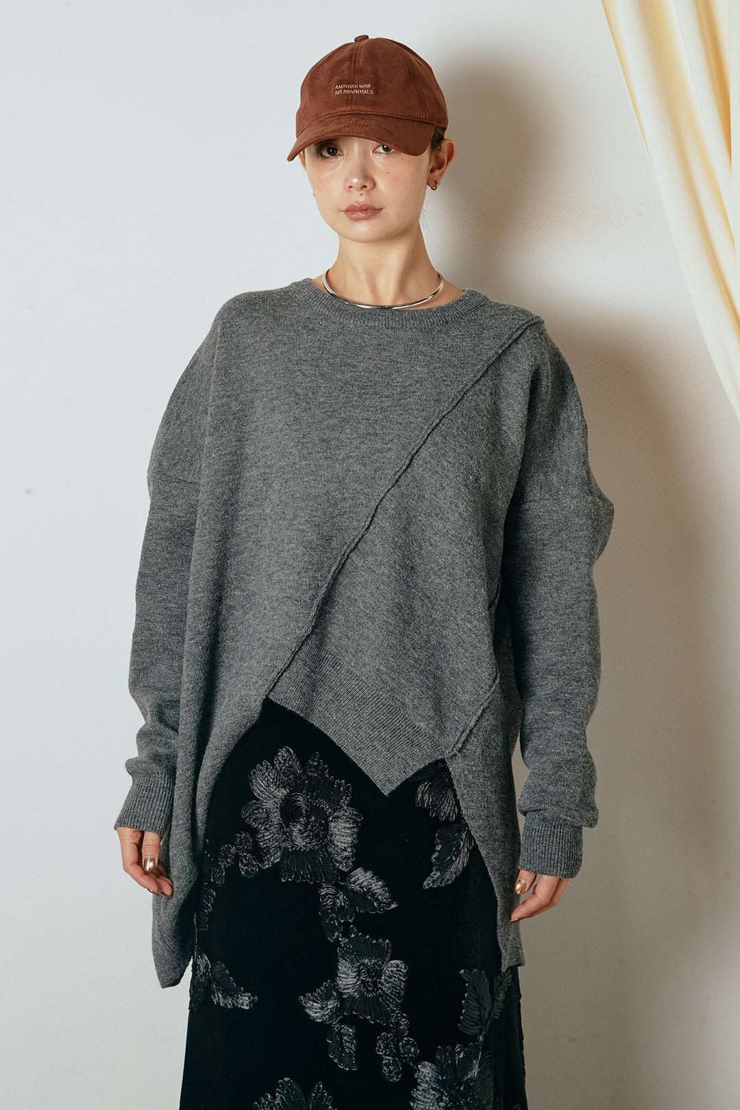 [SET]アシンメトリーデザインニットトップス+スパンコールニットワイドスカート(2set)