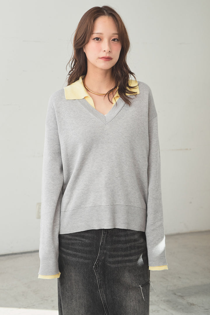 [SET]バイカラーニットレイヤード風プルオーバー+Aラインデニムスカート(2set)