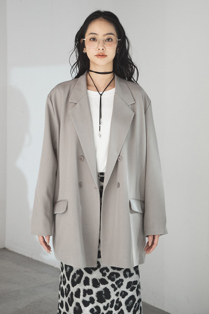 [SET]ルーズシルエットダブルテーラードジャケット+ストレッチロングTシャツ+レオパードサテンナロースカート(3set)