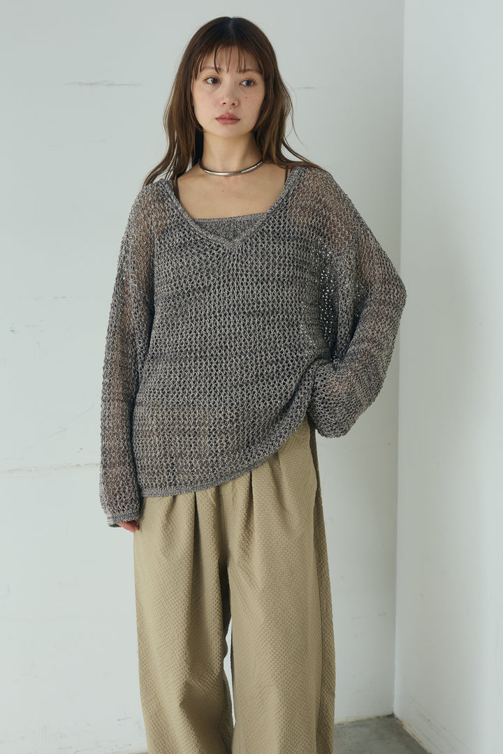 [SET]メッシュ編みビスチェセットVネックプルオーバー+カラーデニムタックカーブパンツ(2set)