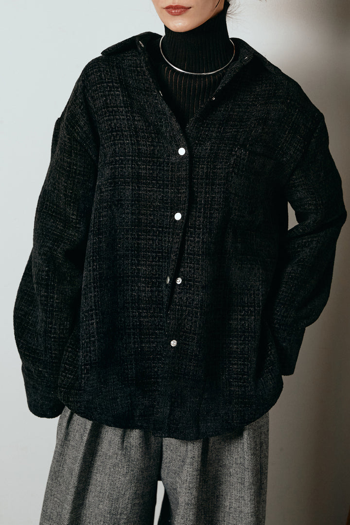 [SET]ルーズクラッシュツイルシャツ+サイドボタンツイードタックパンツ(2set)