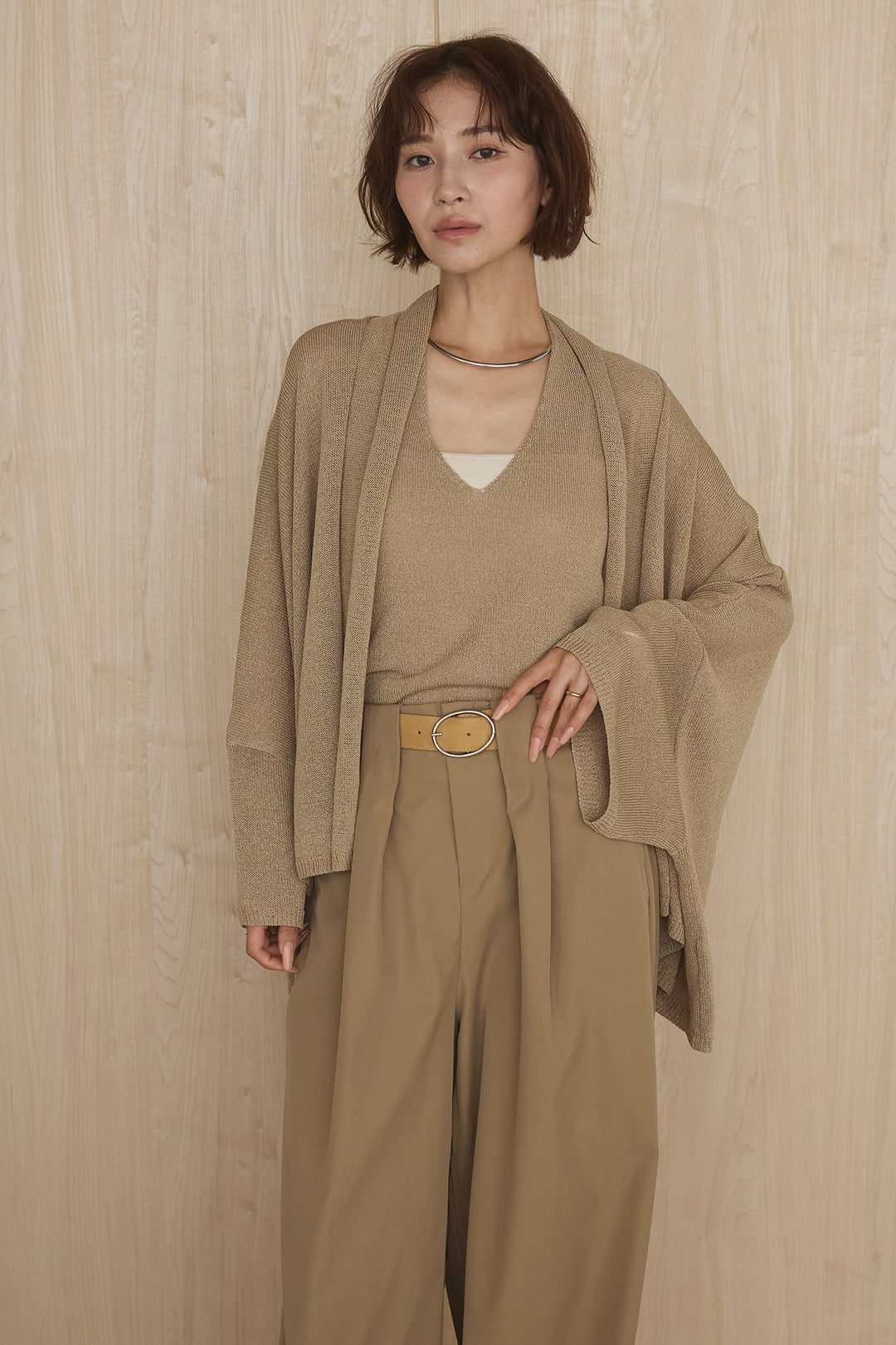 [SET]オーバードルマンカーディガン+ホルターネックインナー+ベルトループデザインハイウエストタックパンツ(3set)