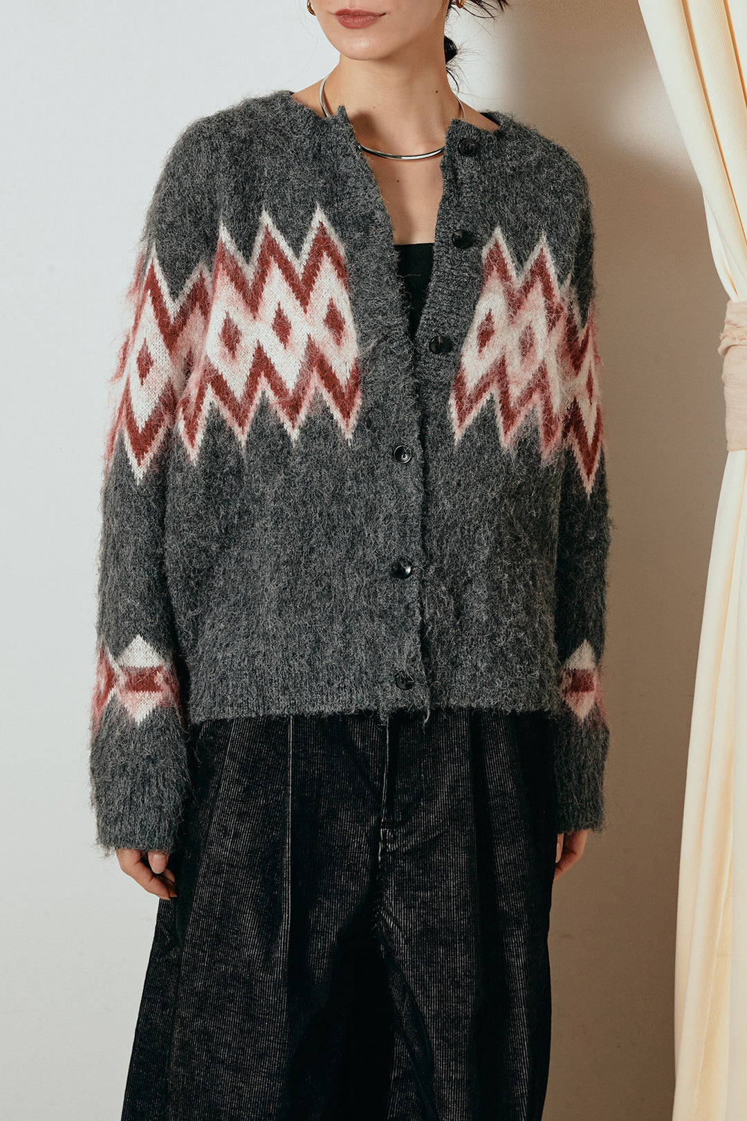 [SET]起毛ノルディック柄ニットカーディガン+フロントタック入りコーデュロイパンツ(2set)