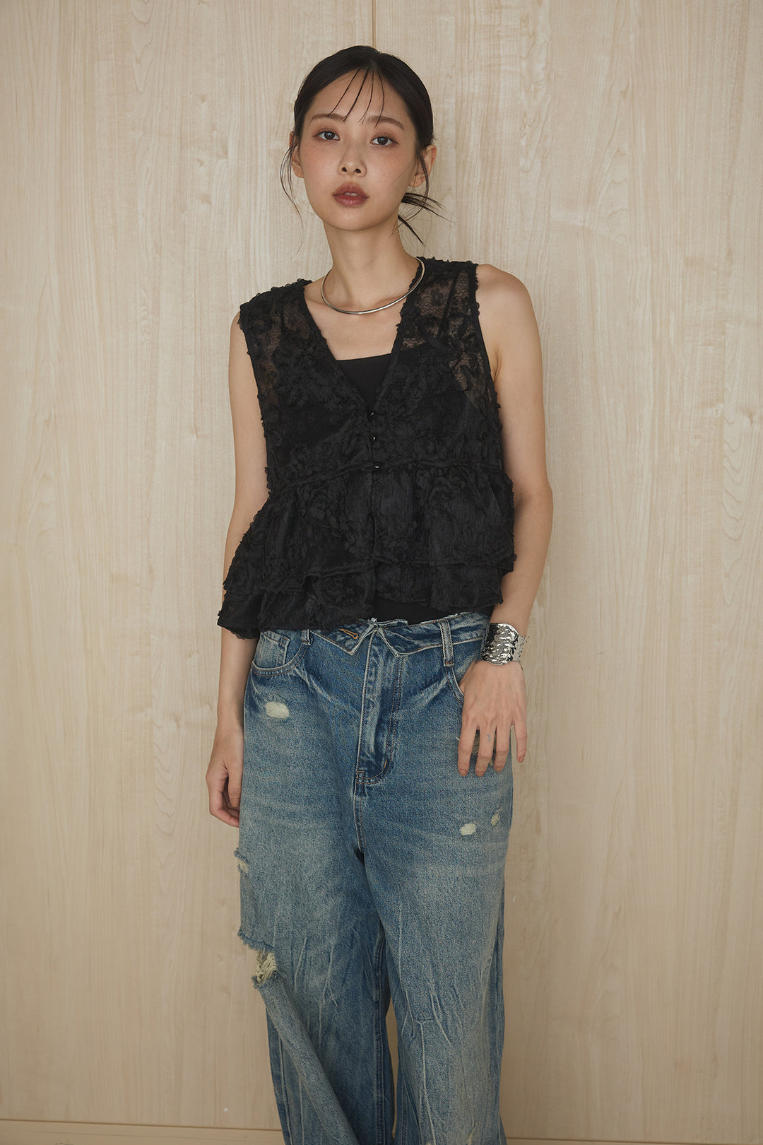 [SET]立体レースショート丈ペプラムブラウス+ウエスト折り返しダメージデニム(2set)