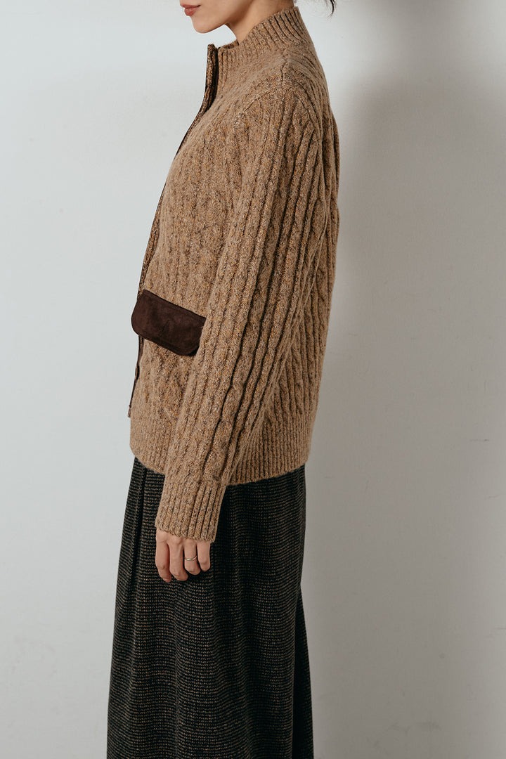 [SET]ボトルネックケーブルニットカーディガン+起毛タック入りツイードワイドパンツ(2set)