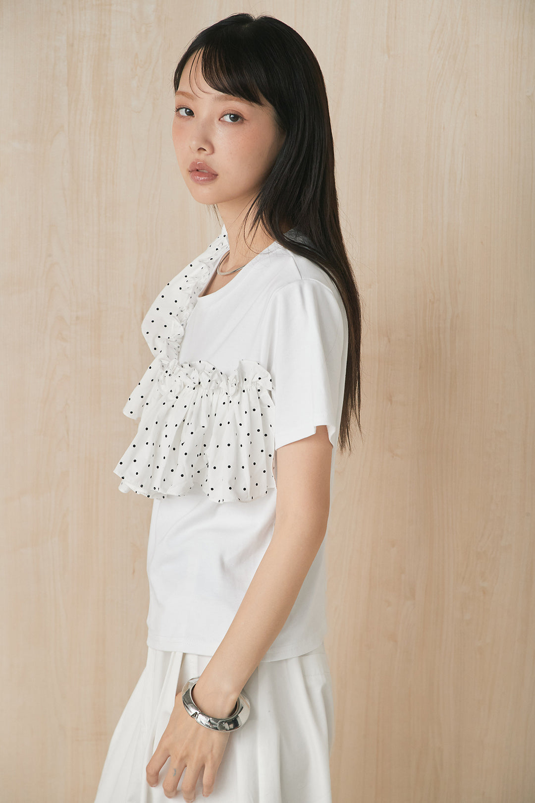 [SET]ドットアシメフリルデザインTシャツ+サークルバックルベルト付きタックワイドパンツ(2set)