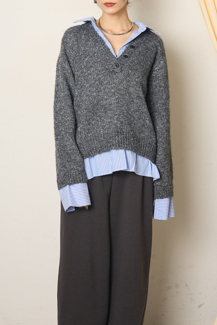 [SET]ストライプシャツドッキングニットポロトップス+裏起毛スウェットワイドパンツ(2set)