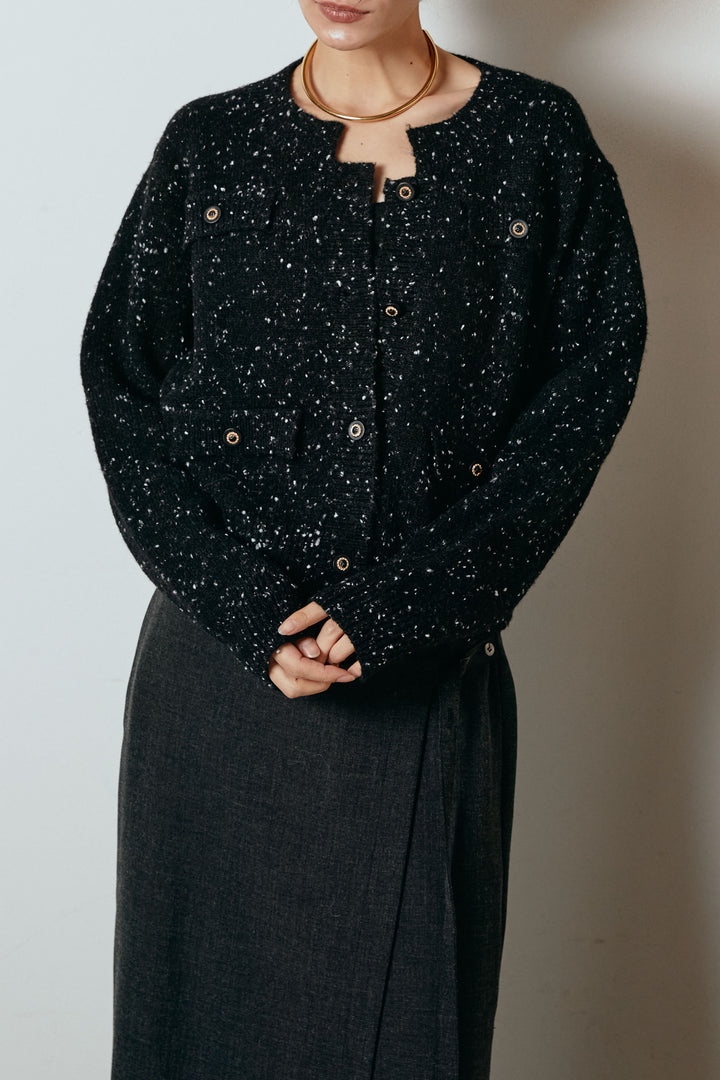 [SET]ネップニットカーディガン+スウェットワイドカーブパンツ(2set)