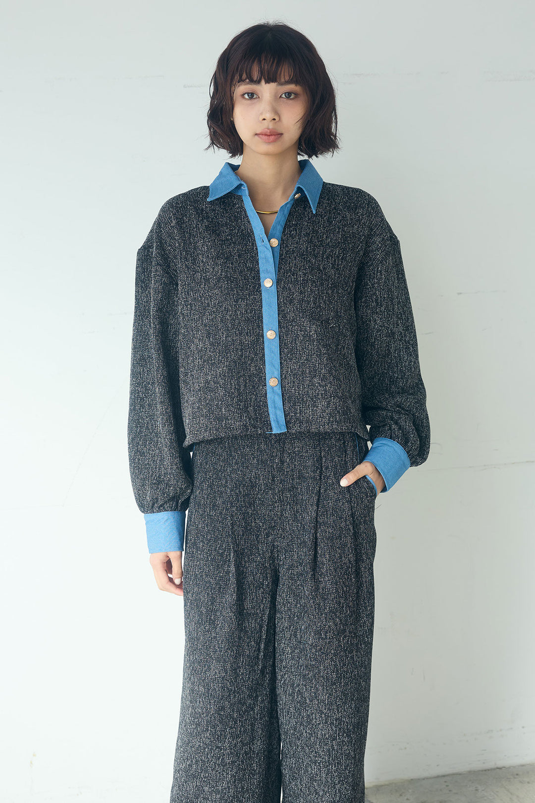 [SET]ツイード×デニムショート丈シャツ+ツイード×デニムハイウエストラインロングパンツ(2set)