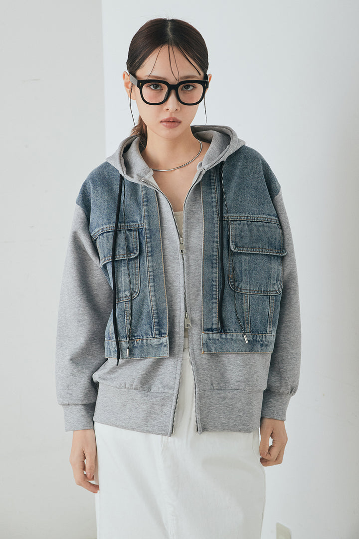 [SET]デニム切替ポンチダブルジップパーカー+ボリュームシルエットチュールスカート(2set)