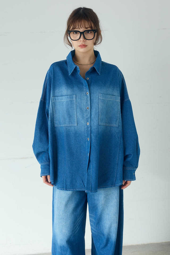 [SET]ヴィンテージ加工デニムオーバーシャツ+ヴィンテージ加工デニムワイドパンツ(2set)