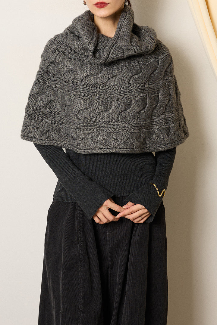 [SET]ケーブル編みケープレイヤードニット+サイドベルトパンツ(2set)