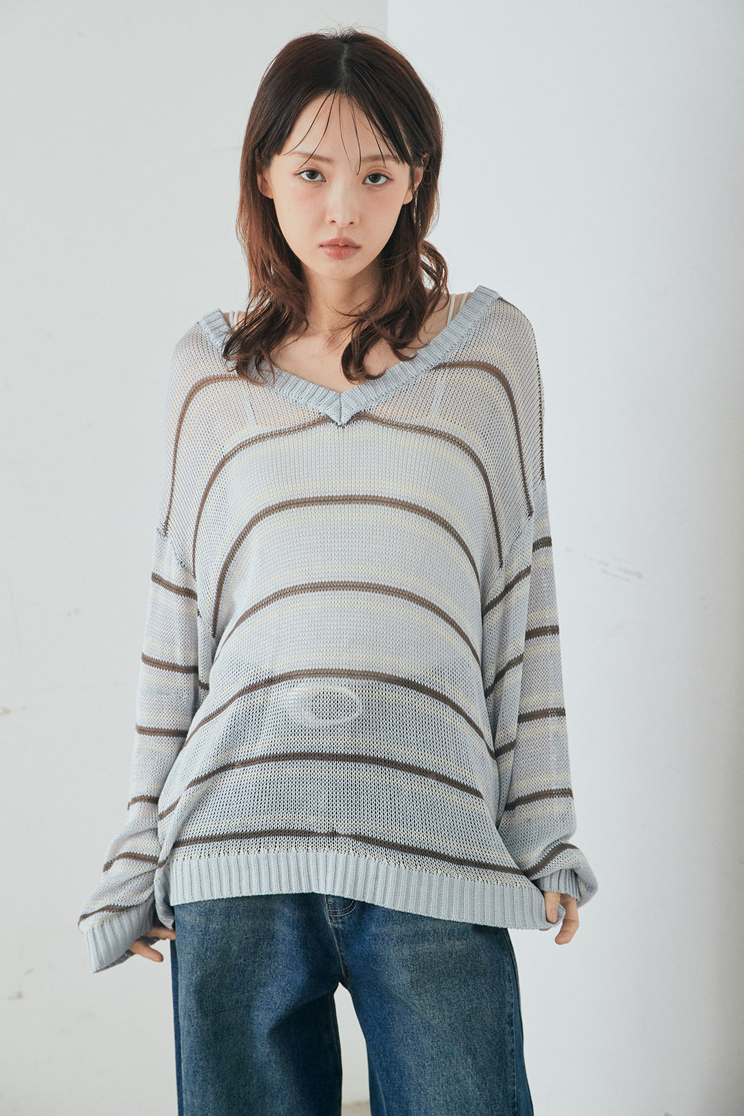 [SET]綿タッチVネックボーダートップス+ウォッシャブルエコレザータックパンツ(2set)