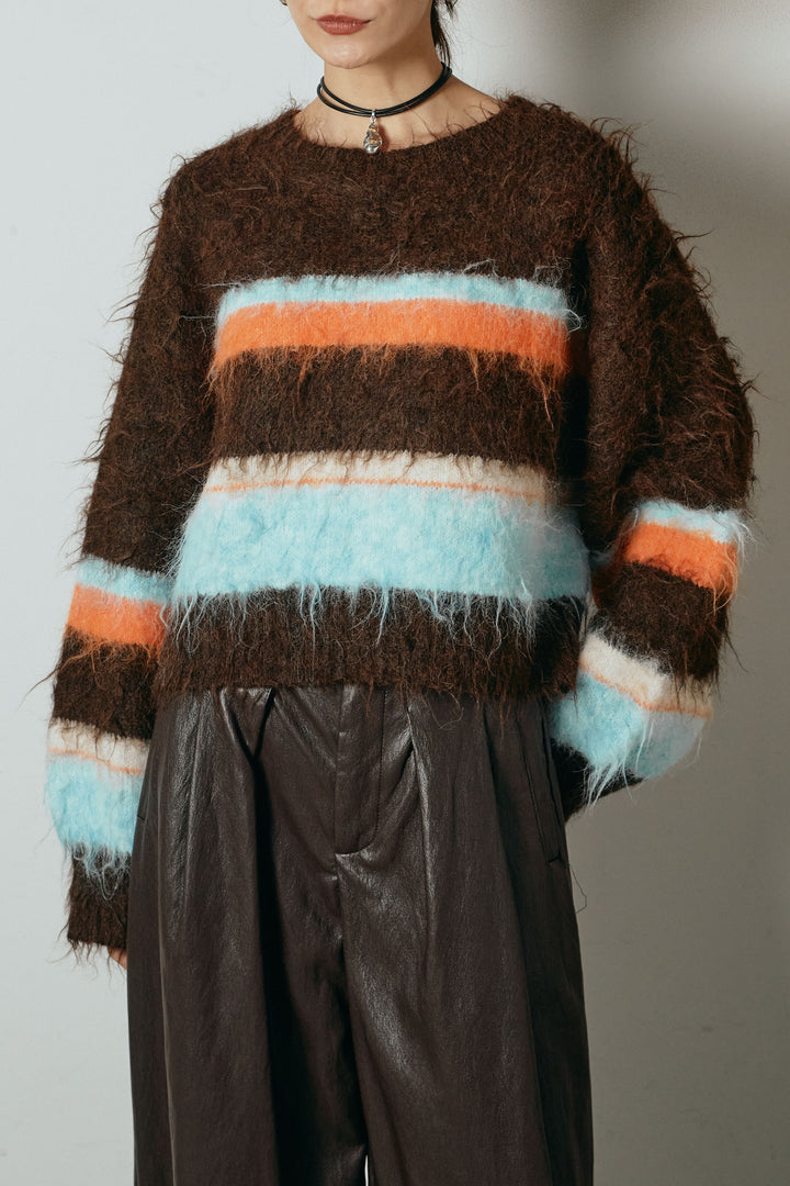 [SET]起毛配色マルチボーダーニットトップス+ベルト付きレザーライクタックパンツ(2set)