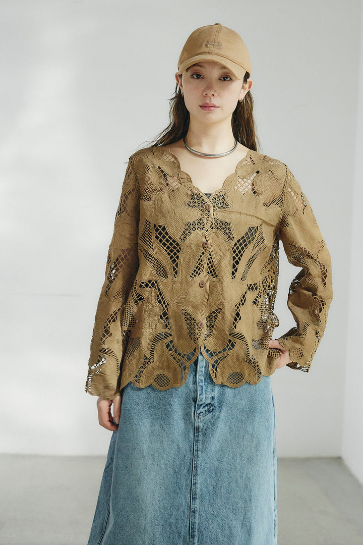 [SET]フラワー刺繍レースブラウス+サイドボタンツイードタックパンツ(2set)