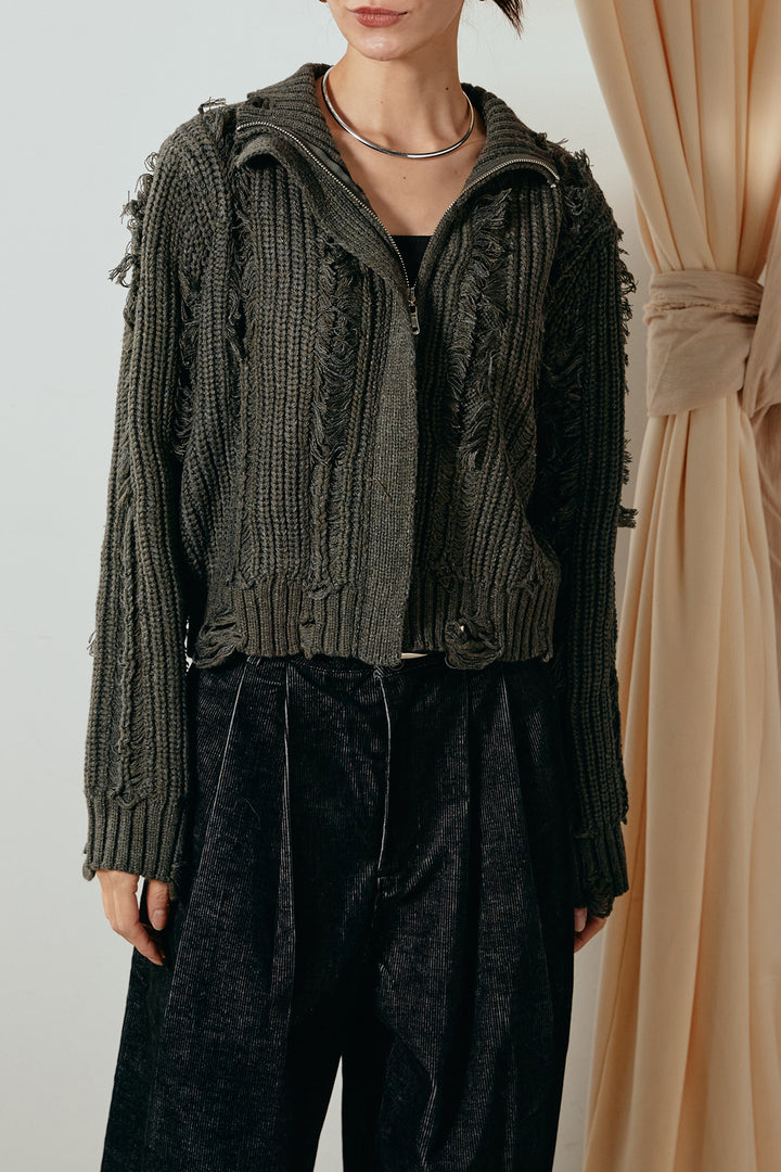 [SET]ハイネックフリンジジップニットトップス+ウエストステッチデザインワイドスラックス(2set)