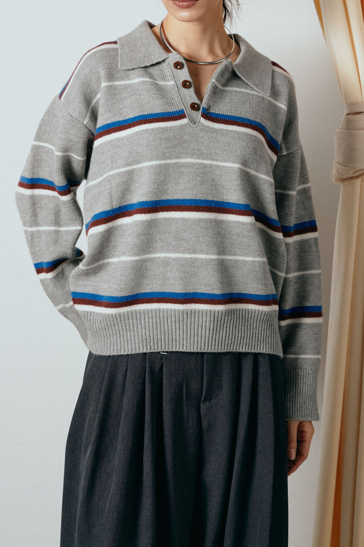 [SET]襟付きマルチボーダーニットポロトップス+紐付きフェイクレザーワイドスカート(2set)