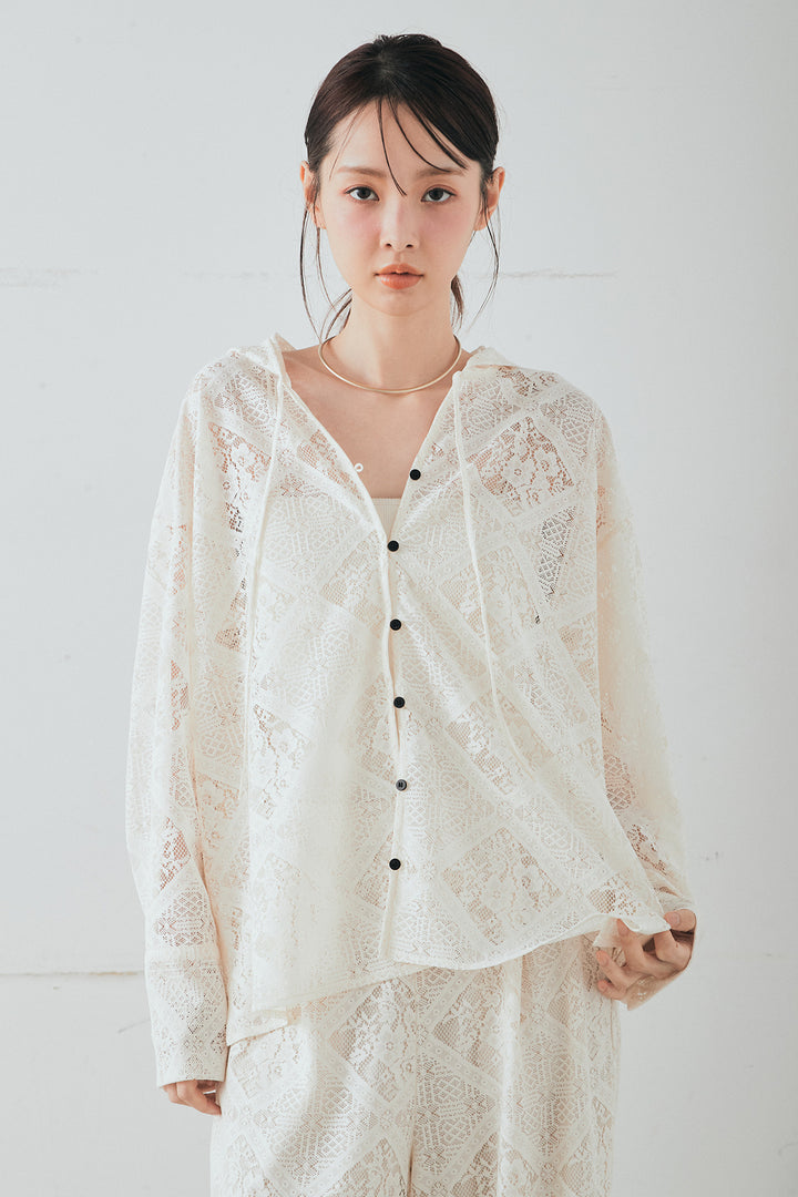 [SET]ブロックレースフード付きブラウス+ベルト付きサイドタックワイドパンツ(2set)