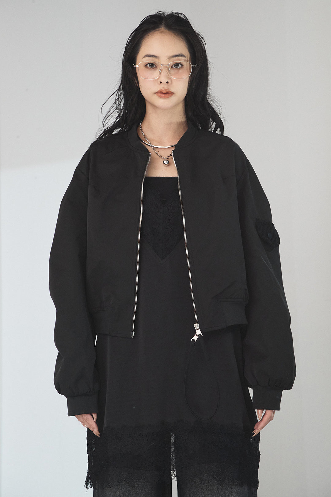 [SET]袖ギャザーデザインブルゾン+センターラインニットパンツ(2set)