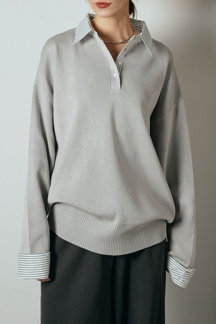 [SET]ストライプシャツドッキングポロトップス+ポーチベルト付きコーデュロイワイドスカート(2set)