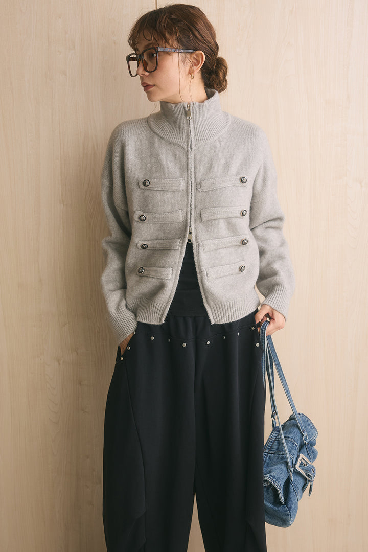 【着回しセット】[SET]ナポレオンボタンハイネックニットブルゾン+スタッズ付きニーサイドタックスウェットパンツ+ゴールドバックルベルト付きタックワイドパンツ(3set)