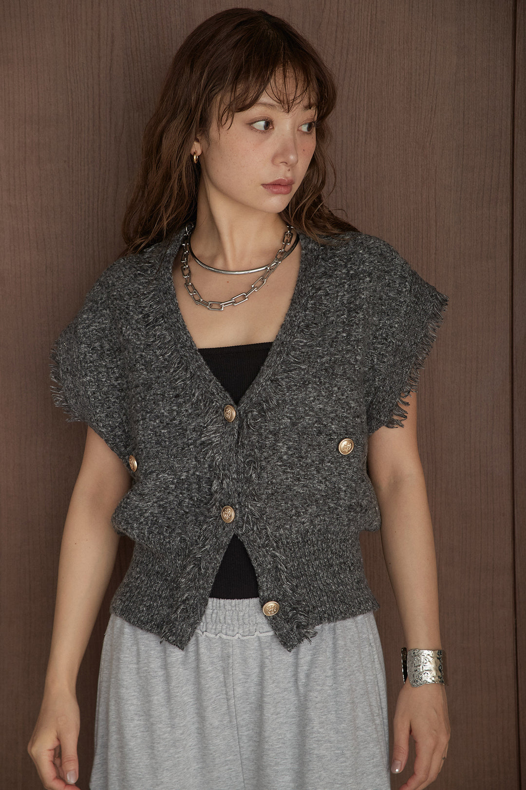【着回しセット】[SET]ツイード編みVネックフリンジニットベスト+ツイード編みVネックフリンジニットベスト(2set)