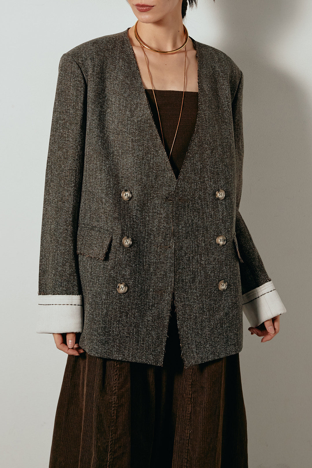 ノーカラーダブルボタンツイードジャケット