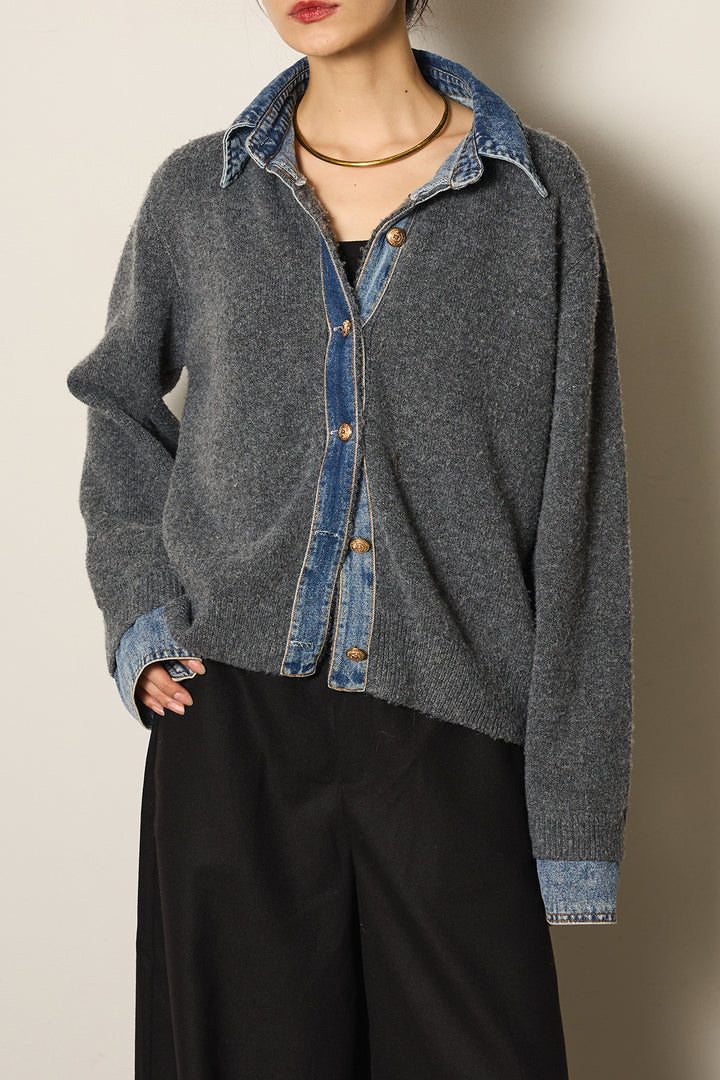 [SET]ニットドッキングデニムシャツ+フェイクレザーサイドベルトワイドパンツ(2set)