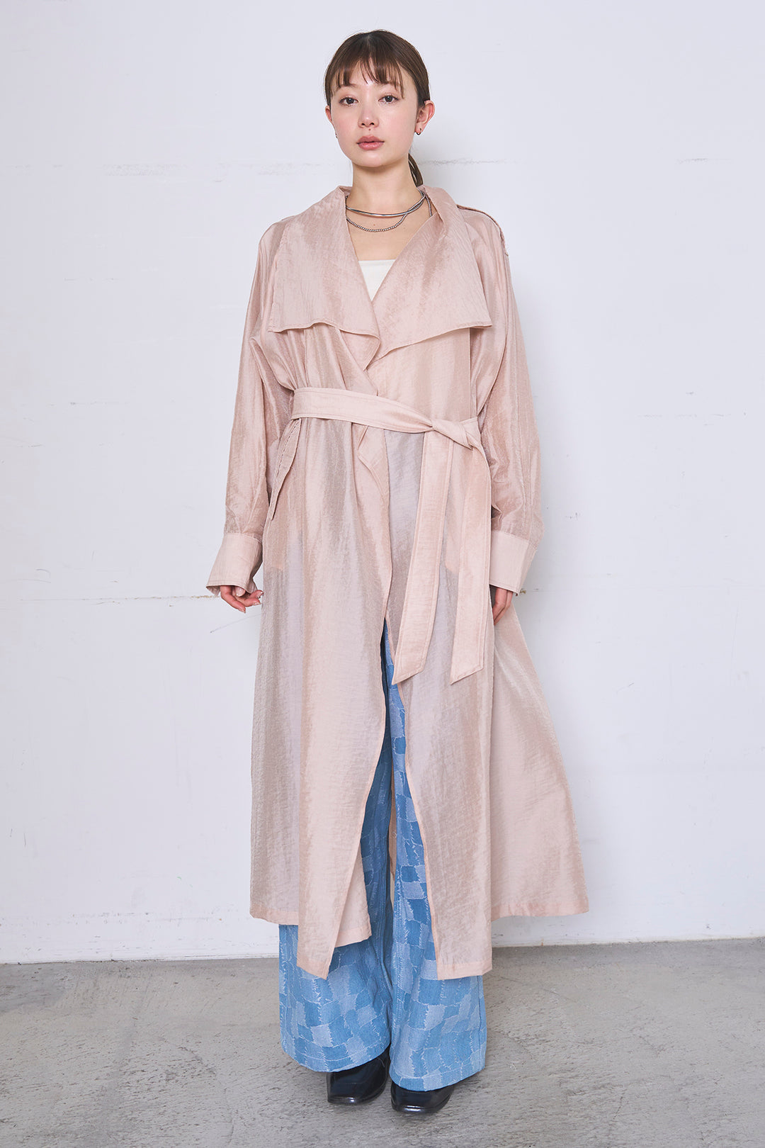 [SET]ロングシアーアウター+パッチワーク風デニムワイドパンツ(2set)