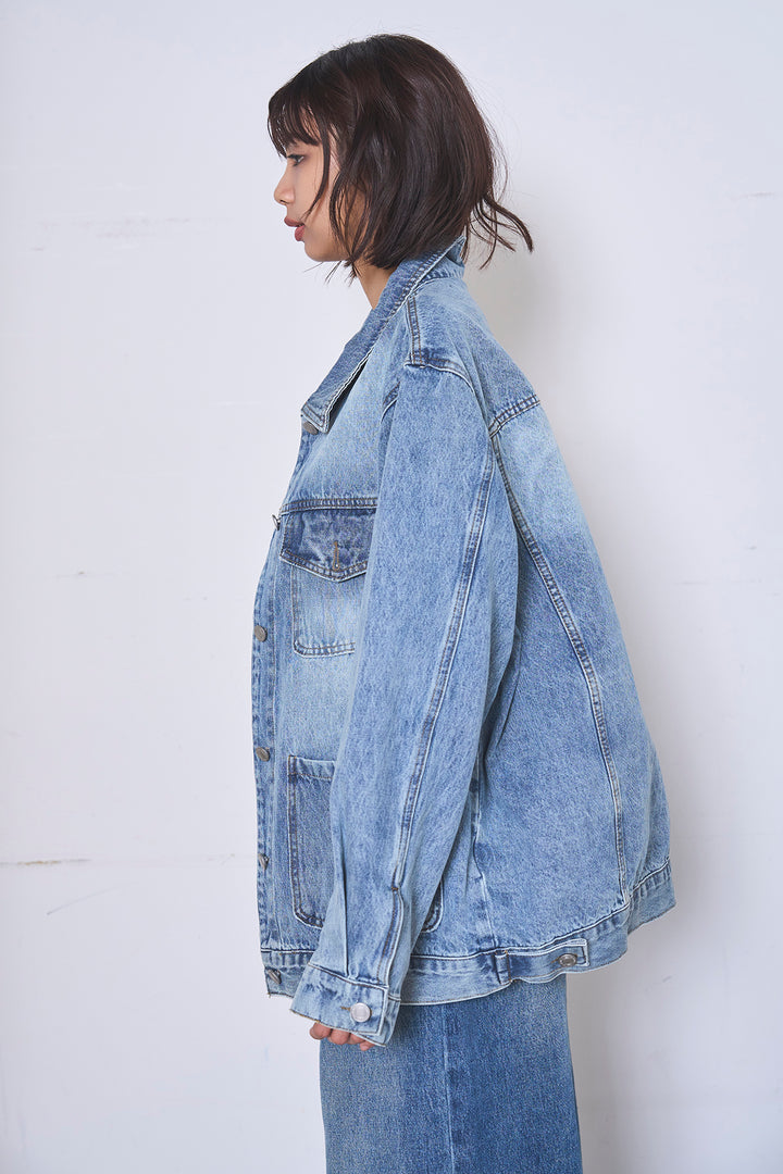 [SET]ケミカルデニムカバーオールジャケット+ベルトループワイドタックデニムパンツ(2set)