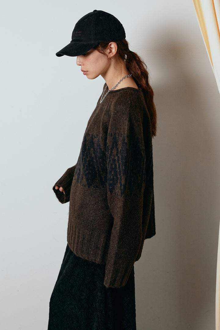 [SET]モノトーン柄ニットトップス+花柄刺繍ベロアフレアスカート(2set)