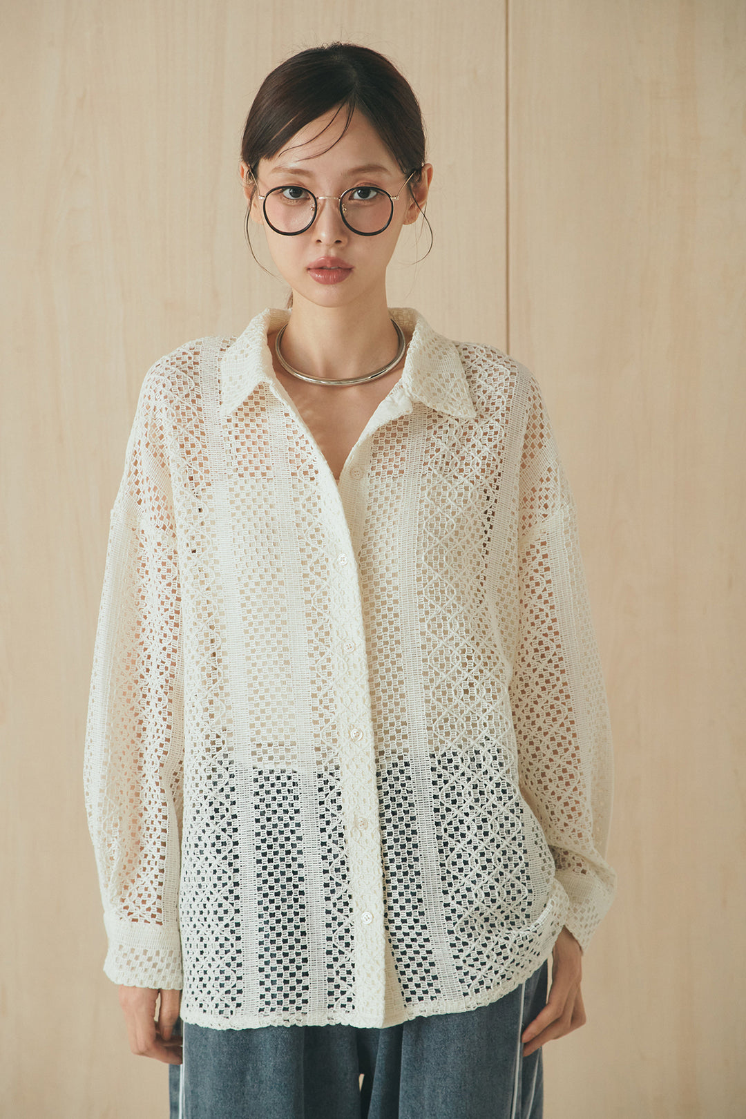 [SET]長袖襟付きレースシャツ+ドロストサイドラインデニムパンツ(2set)