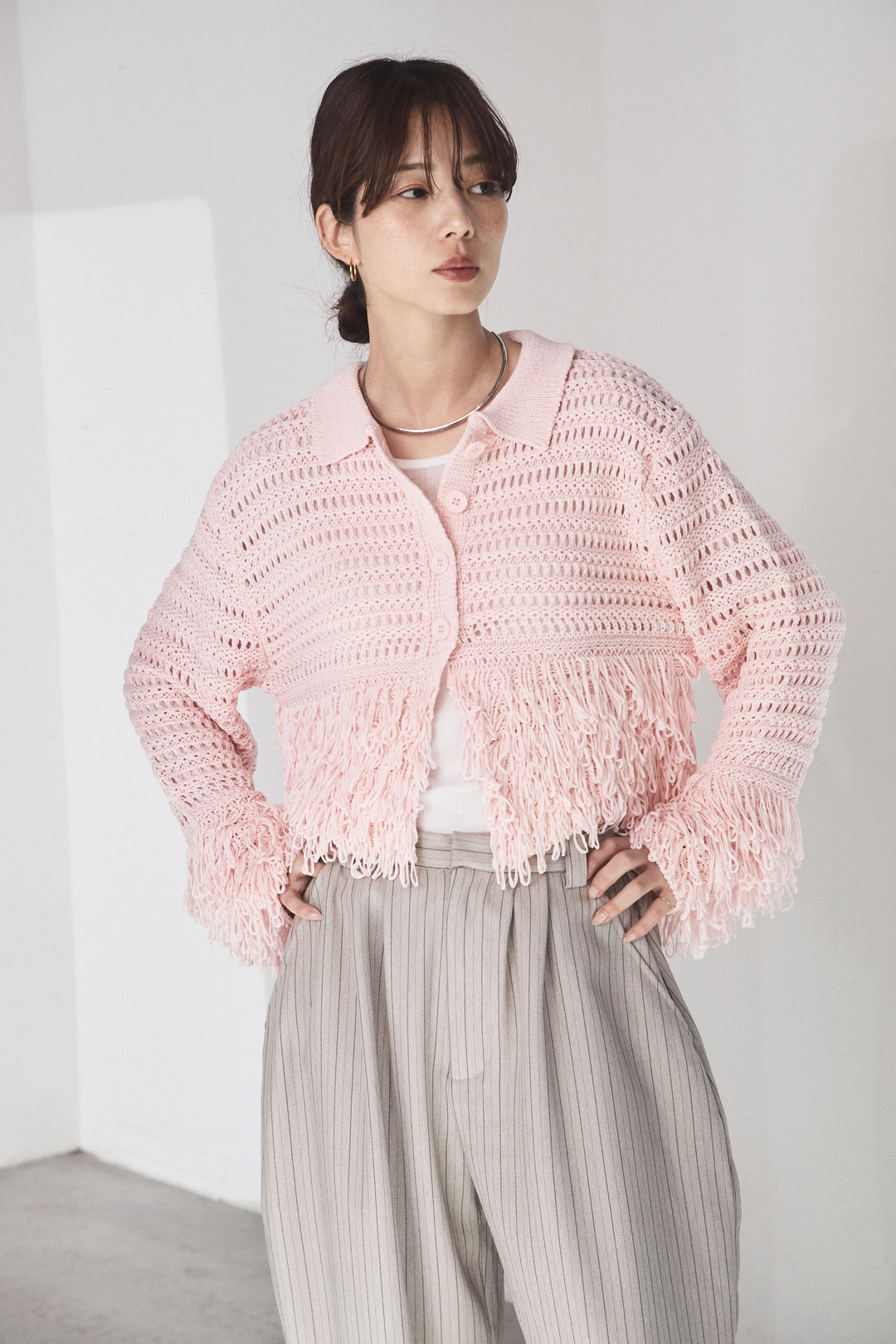 [SET]メッシュフリンジカーディガン+ウールタッチカーブワイドパンツ(2set)