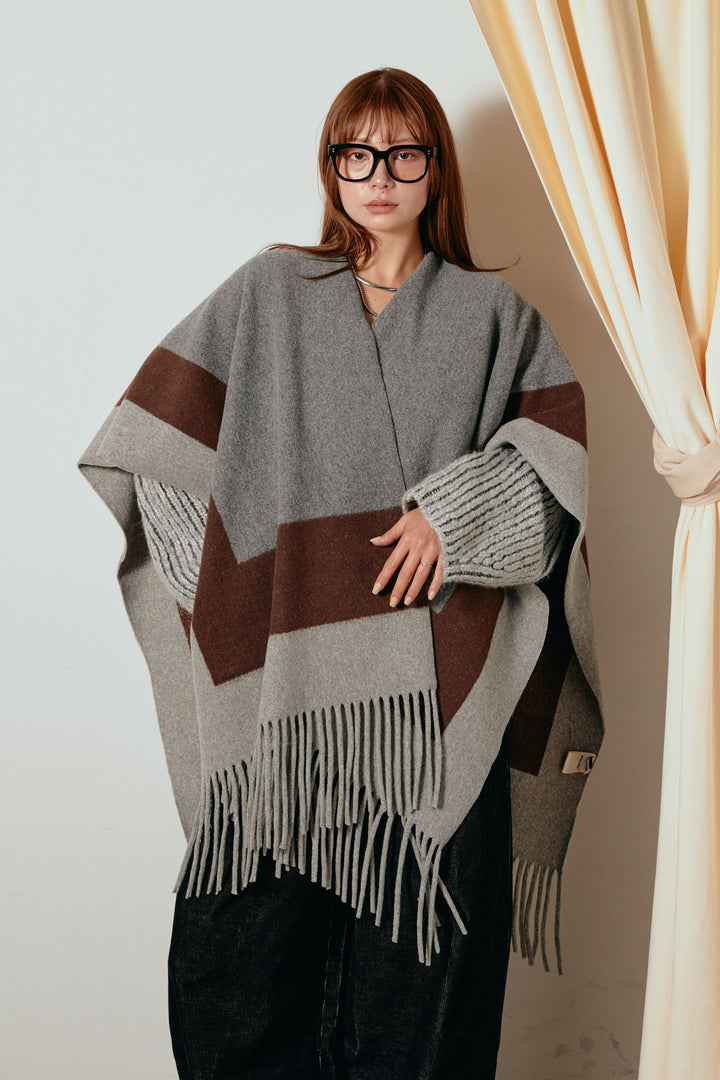 [SET]裾フリンジ柄ポンチョアウター+ノースリーブニットロングワンピース(2set)