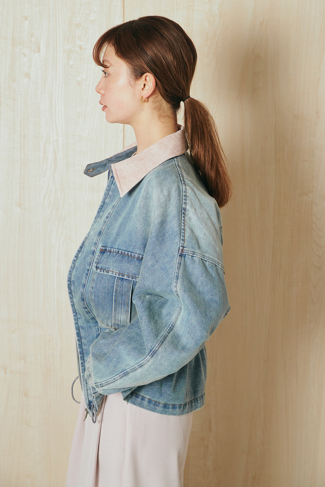 [SET]襟付き配色デニムブルゾン+ビックベルトループタックベルト付きワイドパンツ(2set)